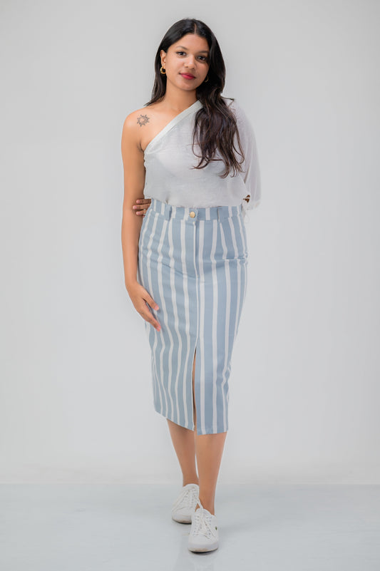 Classic Stripe Denim Midi Skirt