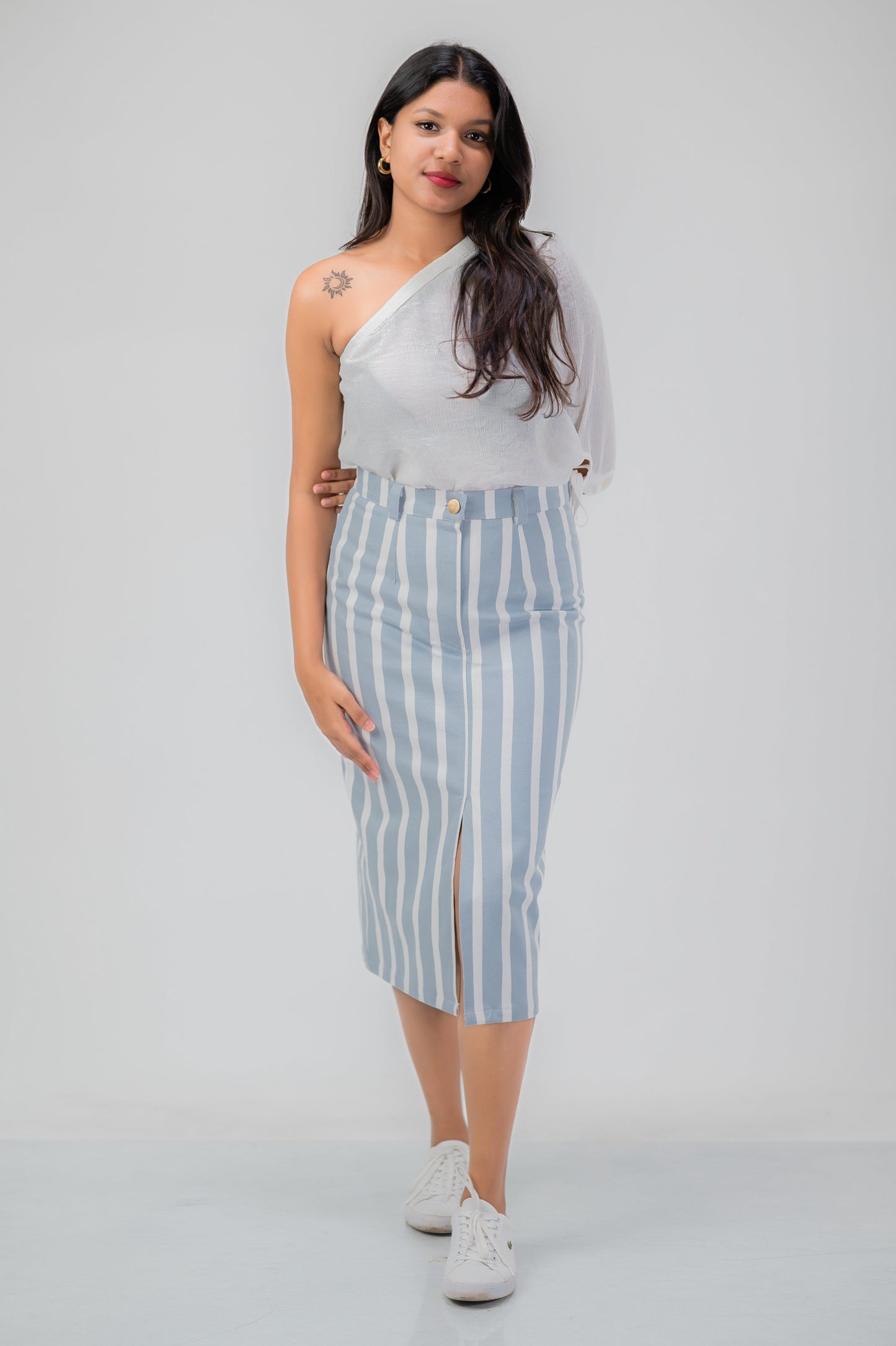 Classic Stripe Denim Midi Skirt