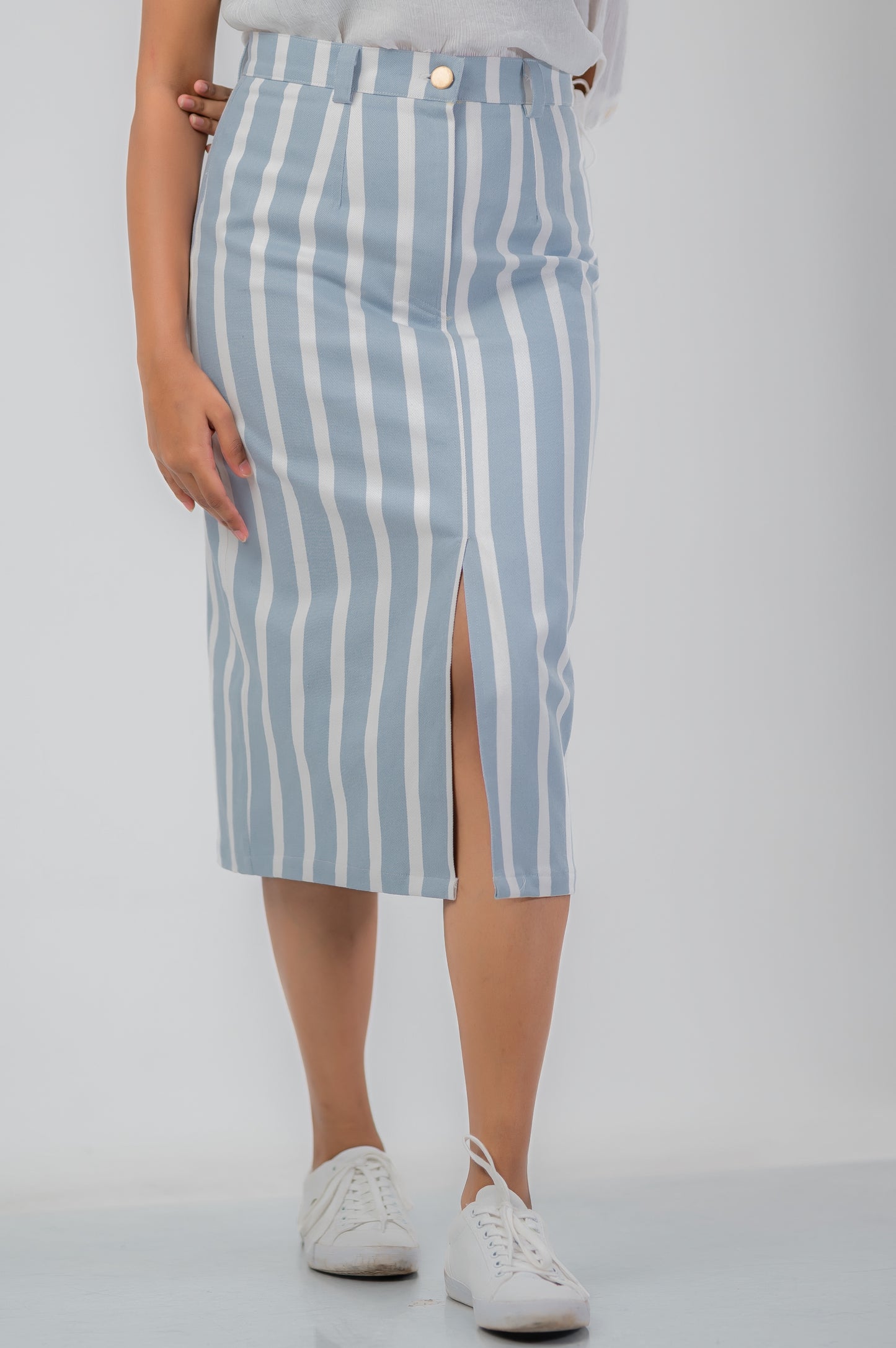 Classic Stripe Denim Midi Skirt